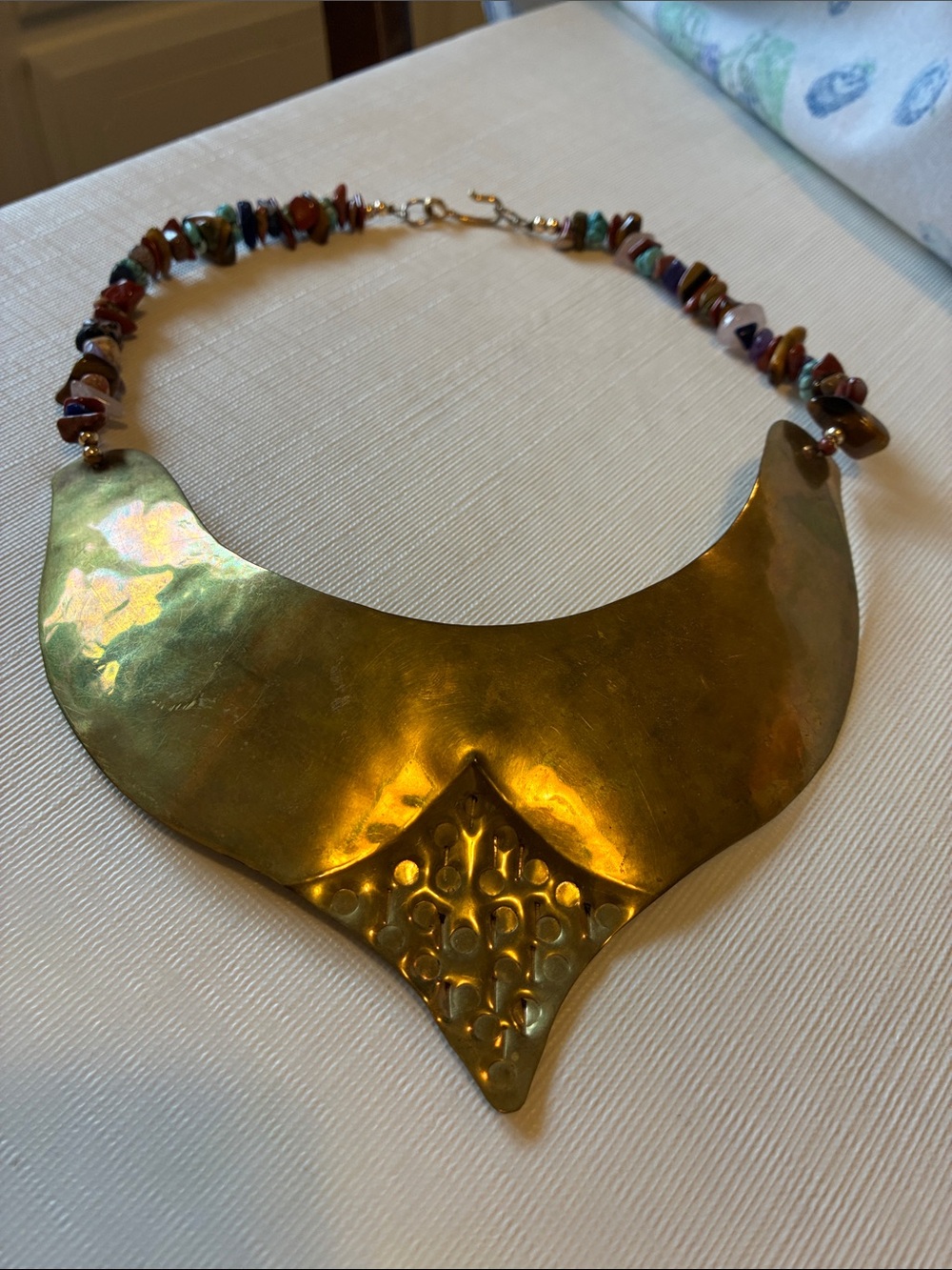Vintage Gold Crescent Pendant Necklace with Multicolor Bead Strand